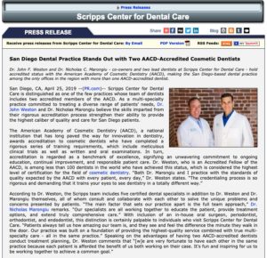 Scripps Center for Dental Care Features Two AACD-Accredited Cosmetic Dentists